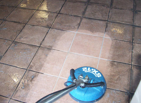 Tile floor after cleaning — bright grout and clean surface